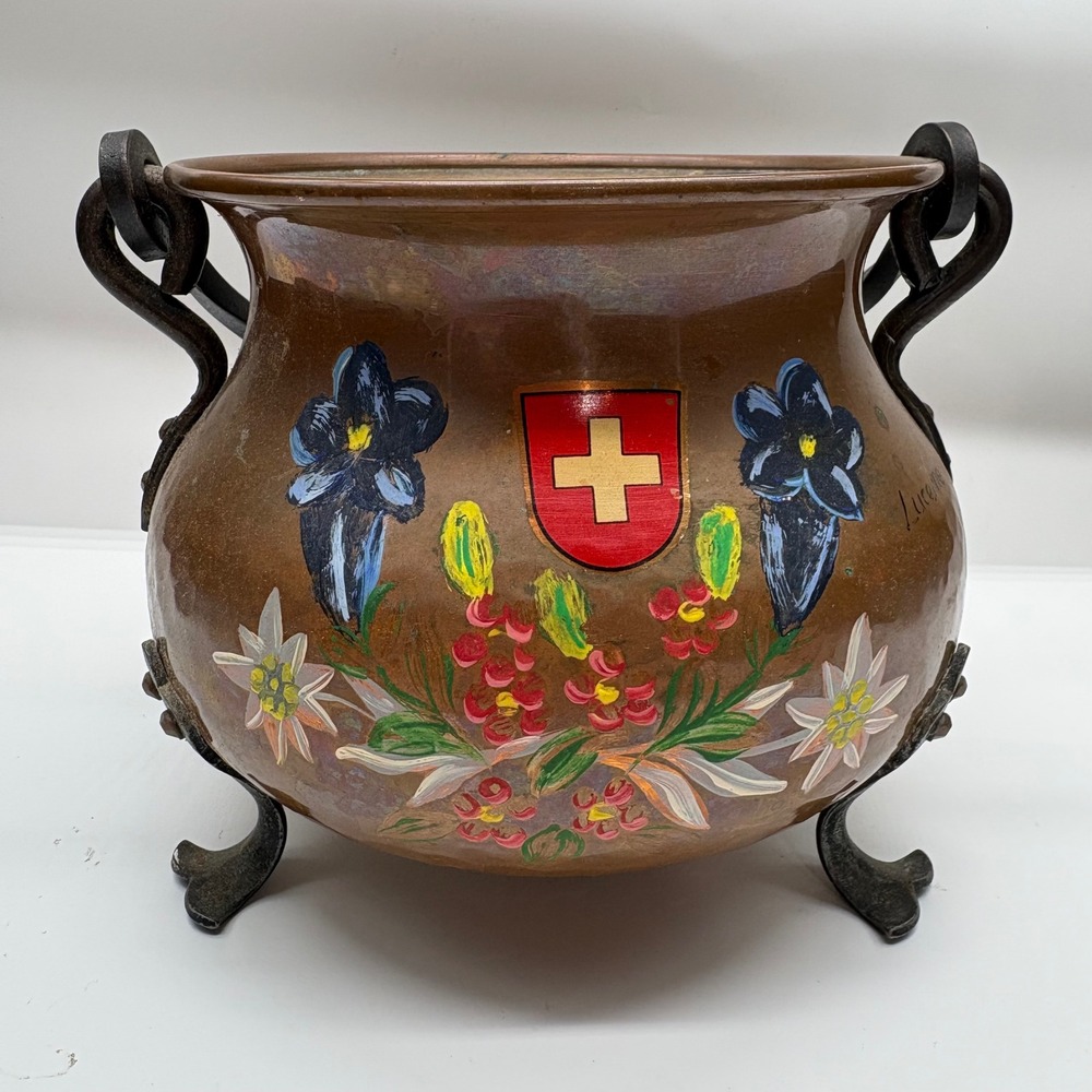 Vtg Lucerne Swiss Hammered Copper Cauldron Pot Hand Painted Floral Crest